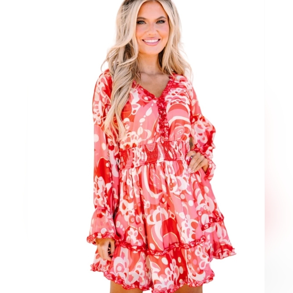 Jodifl Sheer Coral‎ Mini Ruffle Flirty Dress Women's M Whimsical Fairy Babydoll